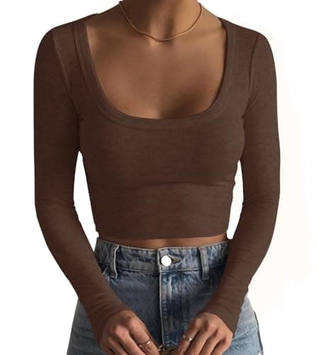 Artfish Women's Square Neck Long Sleeve Ribbed Slim Fitted Casual Basic Crop Top Chocolate Brown S
