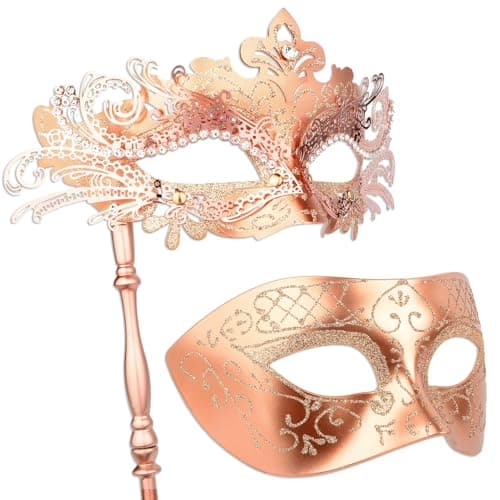 Hoshin Masquerade Mask for Couple, Mardi Gras Deecorations Venetian Masks with Stick for Womens(Rose Gold)