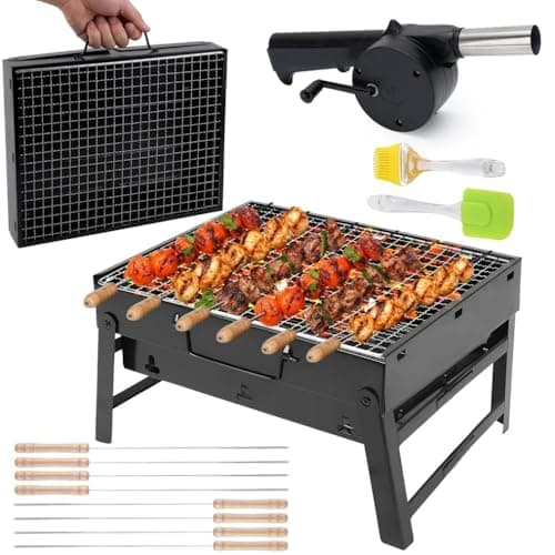 Pivalo New 2025-26 Tandoori Foldable & Portable Charcoal Barbeque Grill Set 【5 Combo】: 【8-Sticks】 【1-Blower】 【1-Spatula】 【1-Oil Brush】 Heavy Duty BBQ for Home Outdoor Camping Picnic Travel Cooking