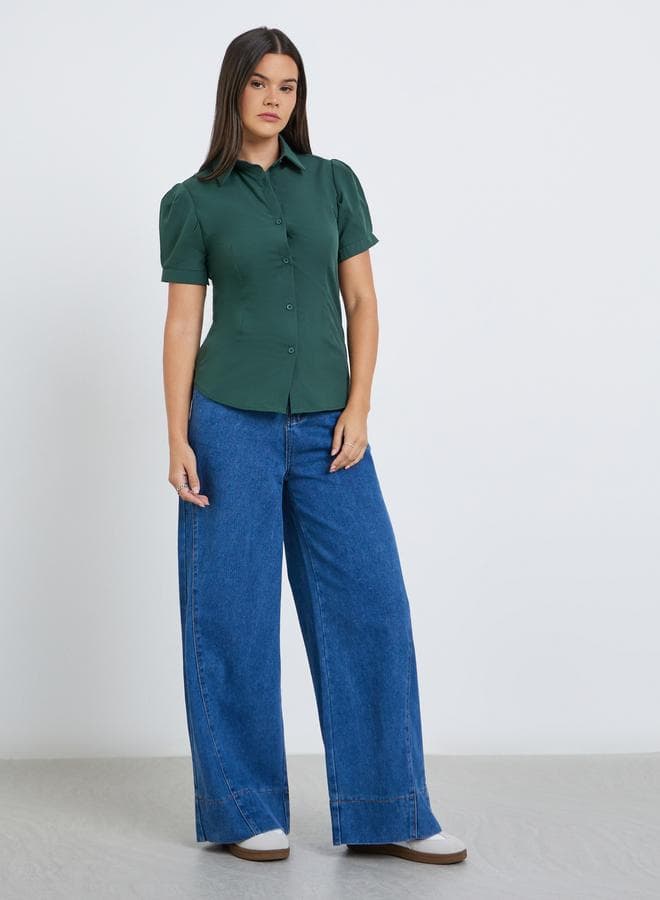 Styli Spread Collar Puff Sleeve Buttoned Shirt