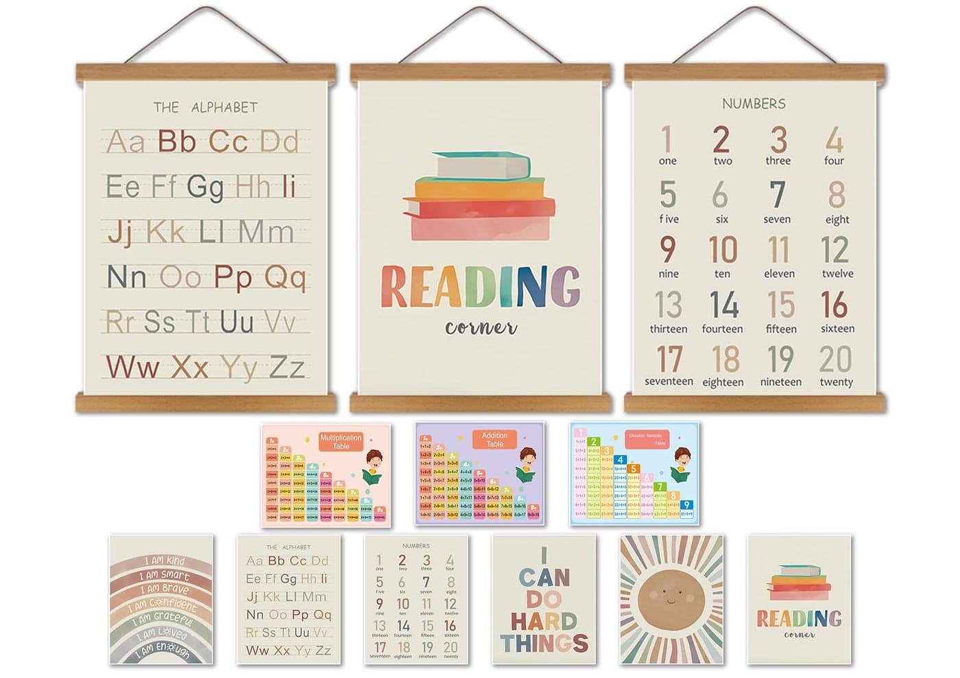 Educational Classroom letters for Kids Wall Art Set of 12 – 3 Hanging Posters 16x12in+9 Prints 8x10in, Numbers Alphabet Canvas Wall Decor Preschool Kindergarten Nursery Homeschool Learning Home Decor