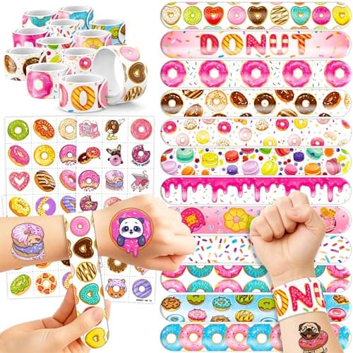 72PCS Donut Party Favors 48PCS Precut Tattoos 24PCS Slap Bracelets Birthday Supplies Decorations Gifts Classroom Prizes Carnival Rewards Christmas Treats for Boys Girls