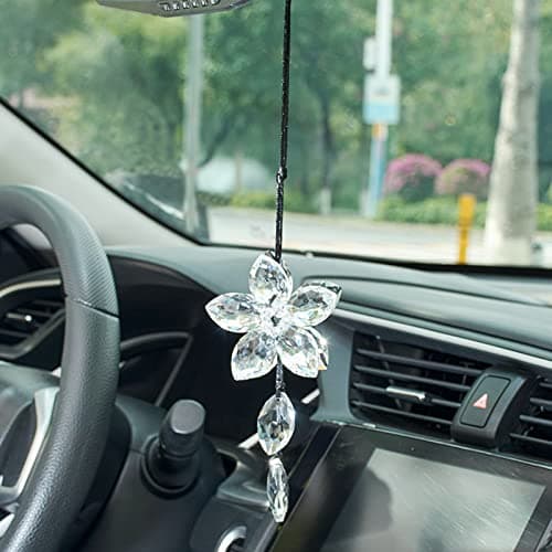 Crystal Flower Rear View Mirror Pendant Car Hanging Ornament Lucky Accessory Transparent