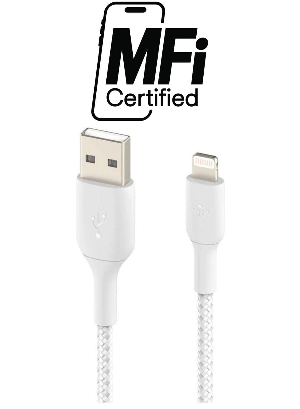 Braided iPhone Charging Cable, USB A To Lightning Cable (Boost Charge To USB For iPhone, iPad, Airpods) MFI-Certified Apple Cable, (3 M, ) White