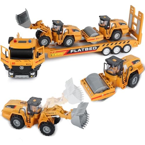 Construction Carrier Truck Kids Toys Flatbed Semi Diecast Truck Excavator Buldozer Vehicles Alloy Toys with openable door Lights Sounds Gift for 3 4 5 6 7 Years Old BoysConstruction