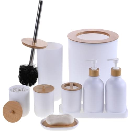 FNGJMJG Matte White Bathroom Accessories Set 9PCS,Bamboo Bathroom Accessories Sets Complete with Trash Can,Soap Dispenser and Toothbrush Holder Set,Toilet Brush,Qtip Holder,Vanity Tray,Soap Dish