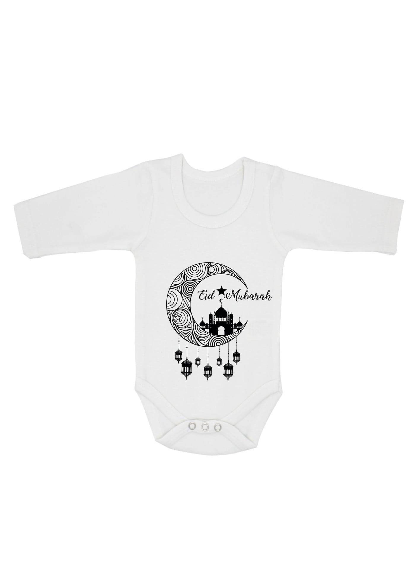 Eid Mubarak printed Long Sleeve Baby Romper White