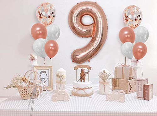 AMFIN® (Pack of 11) 32 Inch 9 Number Rose Gold Foil Balloon Combo with Confetti & Metallic Balloons Bouquet for 9th Birthday Girl Party Decorations/Wedding Anniversary Decoration Items - Rosegold