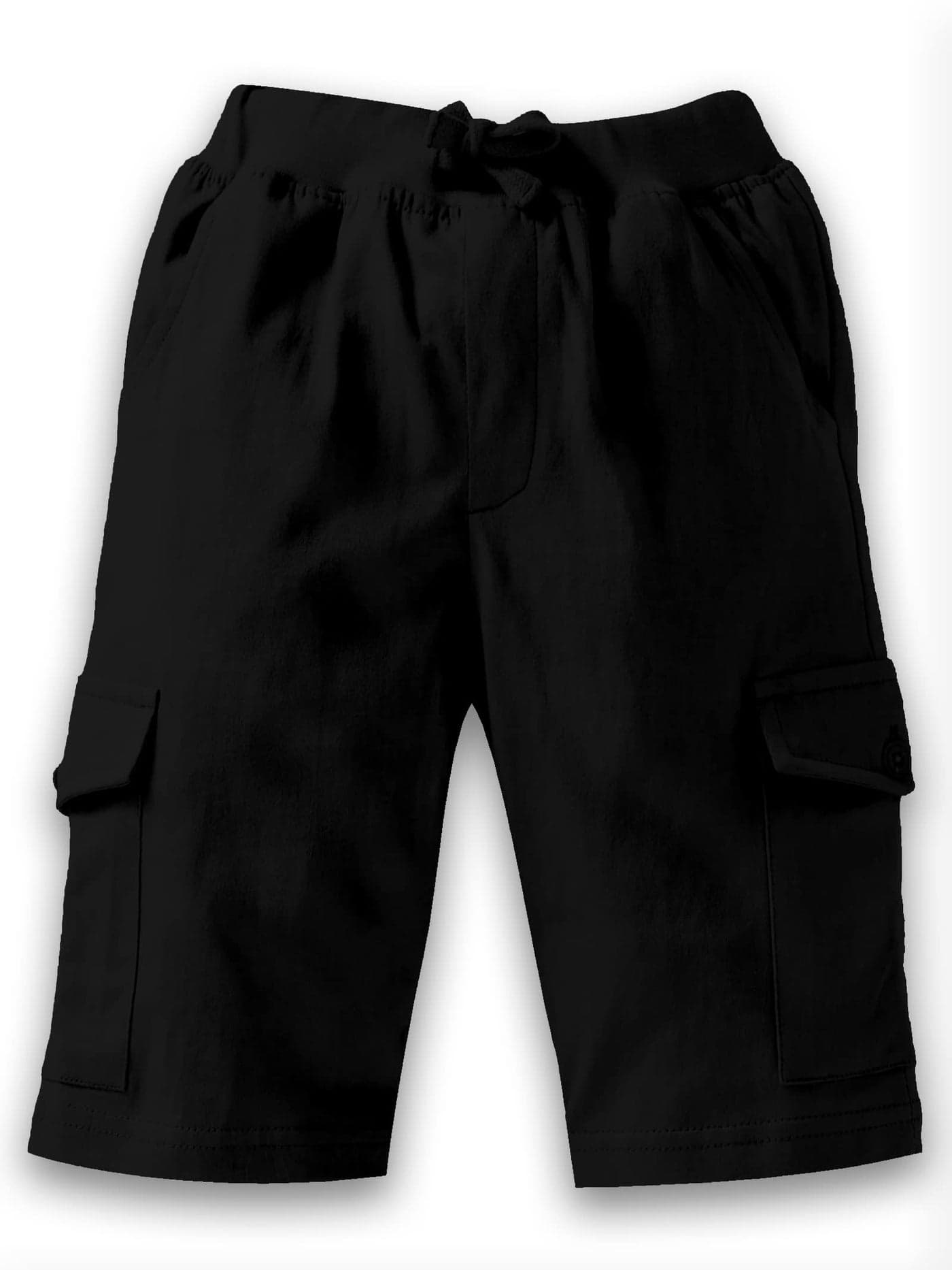 KiddoPanti Boys Knit Solid Cargo Shorts Pack of 2 | 100% Cotton | Comfortable Rib Waistband | 2 Front Pockets & 2 Cargo Pockets | Sport Bermuda Half Pant for Boys, Jet Black - 8-10Y