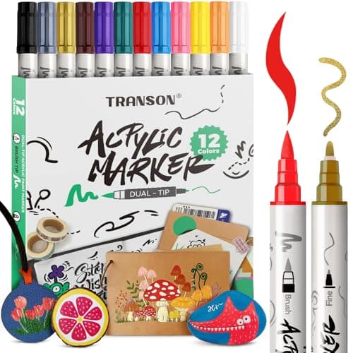 TRANSON 12 Colors Fine and Brush Dualtip Acrylic Paint Marker Pen Set for Canvas Rock Wood Leather Ceramic DIY Painting