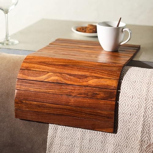 WOOD ART STORE Wooden Flexible & Foldable Tray for Serving | Sofa Armrest Tray | Wooden Table Rectangular Mat for Food Drinks & Snacks (Brown)