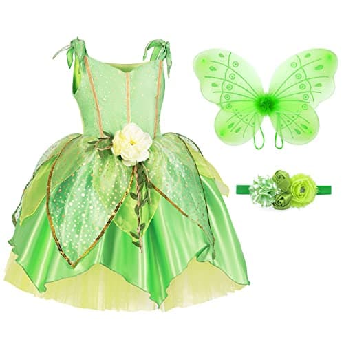TYHTYM Tinkerbell Fairy Costumes Girls Green Fancy Dress Up Baby Kids Halloween With Butterfly Wings Headband (6-7T, Fairy)
