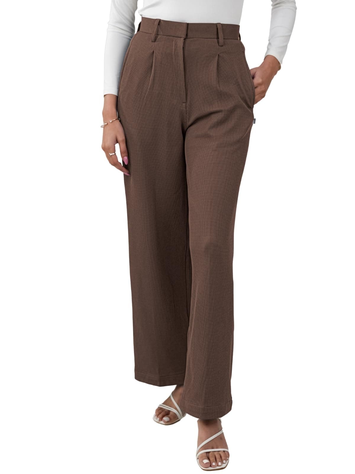 Leriya Fashion Women High Waist Polycotton Formal Trousers | Summer Breathable Wide Leg Pants with Pockets |Casual, Office & Travel Outfits | Flared Palazzo Style | Plus Brown