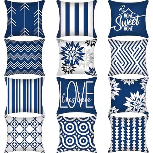 Flutesan 12 Pcs Decorative Throw Pillow Cover 18 x 18 Inch Modern Sofa Pillow case Geometric Floral Linen Square Cushion Covers for Home Living Room Bedroom Couch ChairBlue