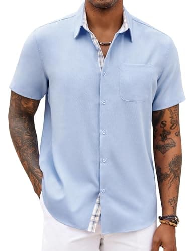 COOFANDY Mens Summer Shirt Short Sleeve Button Down Shirts Beach Weeding Outfit Clear Blue