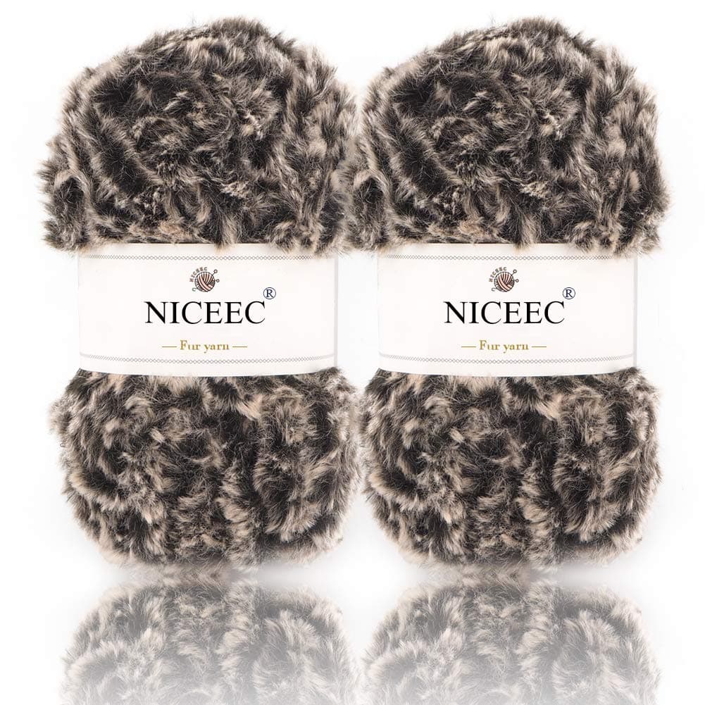 NICEEC 2 Skeins Faux Fur Yarn Super Soft Chunky Fluffy Eyelash Yarn for Crochet Knitting Total Length 70yds353oz Coffee