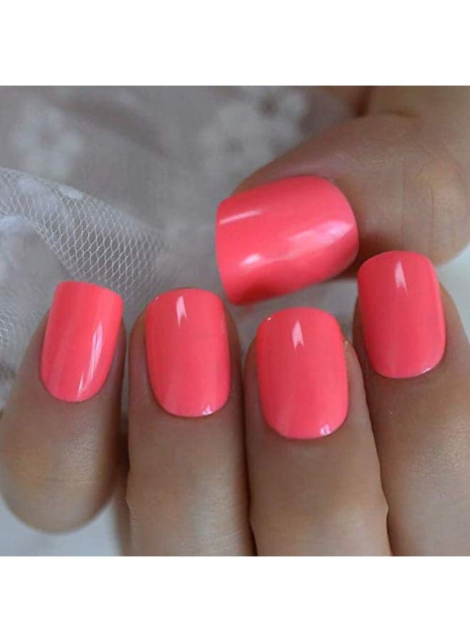 Neon Short Nails Summer Color Fake Nails Deep Pink Ladies Bright Color Designed ABS Material Fingernails with Adhesive Tabs