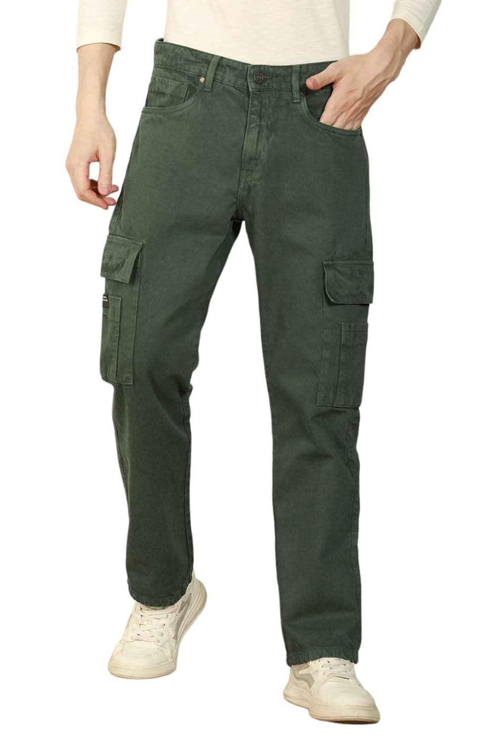 Dennis Lingo Mens Olive Cotton Solid Relaxed Fit Jeans (DLMJNS24026_OL, Olive, 34)