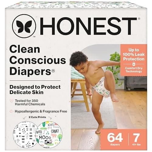 The Honest Company Clean Conscious Diapers for Delicate Skin, Up to 100% Leakproof Hypoallergenic Fragrance-Free Baby Diapers, Gender Neutral Prints, Super Club Box, Size 7 (41+ lbs), 64 Count