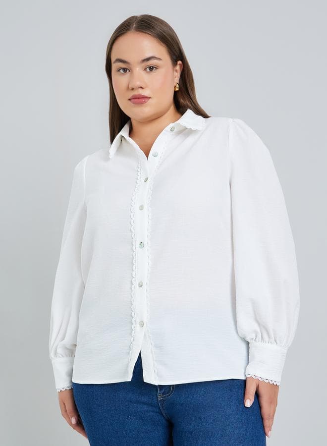 Plus Size Women Off-White Lace Trim Shirt