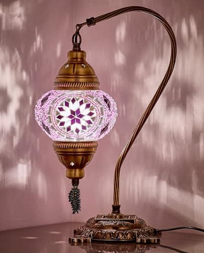 DEMMEX Turkish Moroccan Mosaic Table Lamp Handcrafted TiffanyStyle Colorful Glass Swan Neck Bedside Desk Table Light Boho Artisan Accent Lighting for Bedroom or Living Room 15 H Lilac