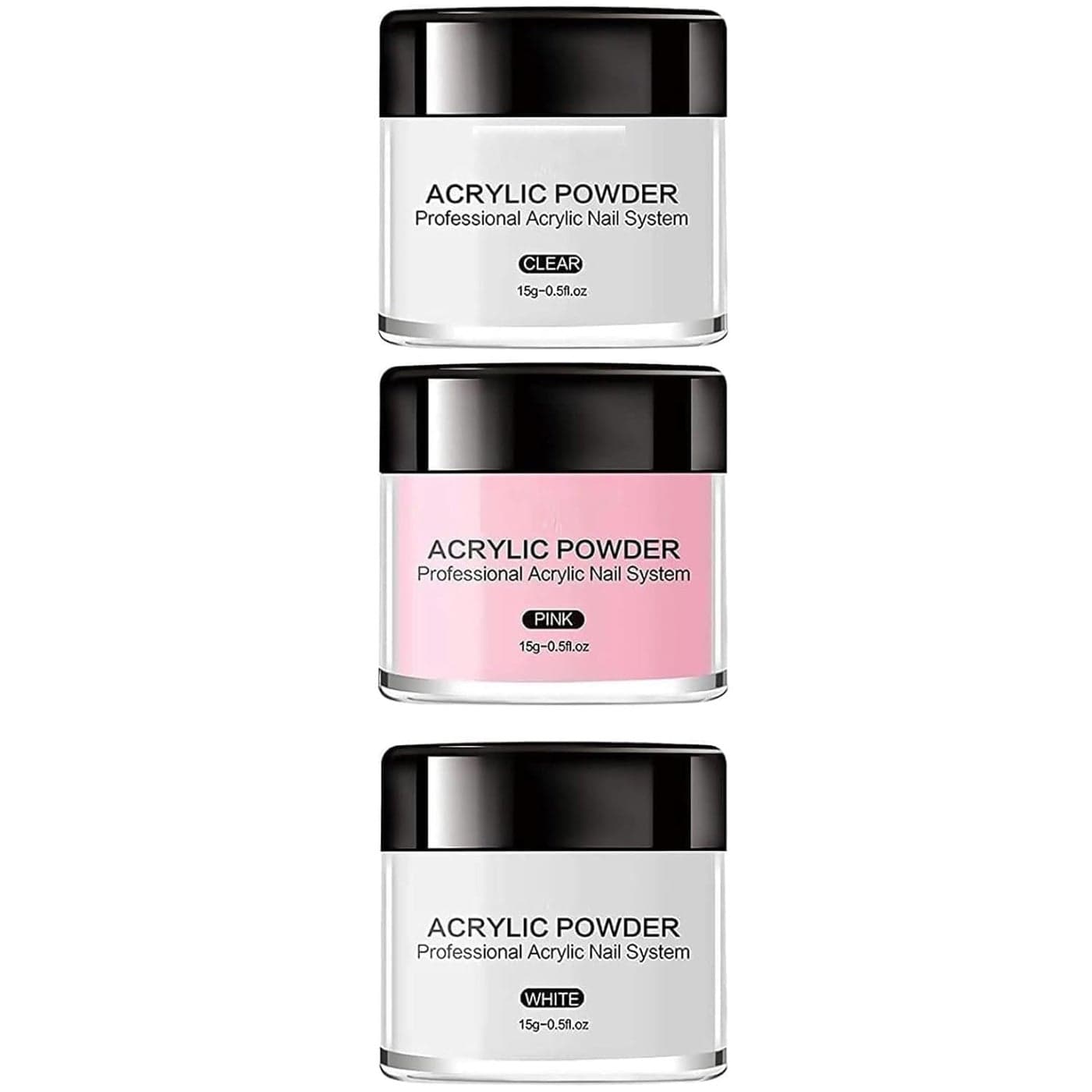 kreni Acrylic Powder Set 3 Colors 30g White Clear Pink Professional Polymer Colored Acrylic Nail Powder for Acrylic Nail Extension Carving