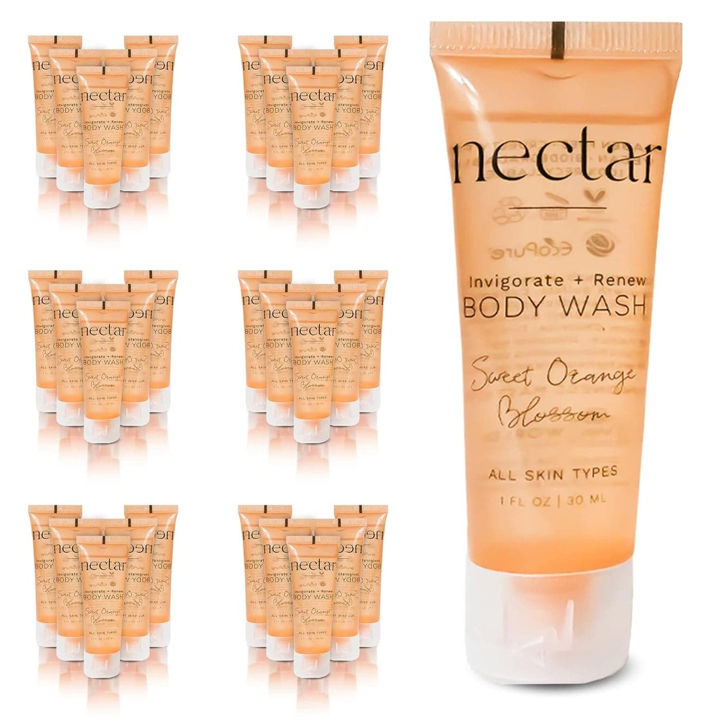 Nectar Bulk Body Wash 50 Count 1 oz Sweet Orange Blossom Mini Travel Size Toiletries 100 Recyclable Tube with Flip Top Cap Airbnb Rentals Suitable for All Skin Types