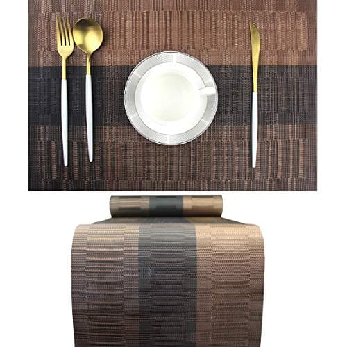 PIGCHCY Elegant Placemats with Matching Table RunnerWashable Durable Plastic Placemats for Dining Table Sets6pcs Placemats1pcs Table Runner Brown