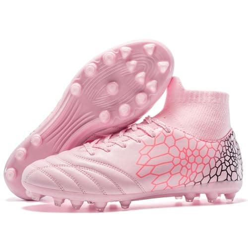 DGJG Kids Soccer Cleats for Boys Girls Lightweight Training Football Cleats Youth Hightop Soccer Shoes NonSlip Futsal PinkBlackSilver 15 Little Kid