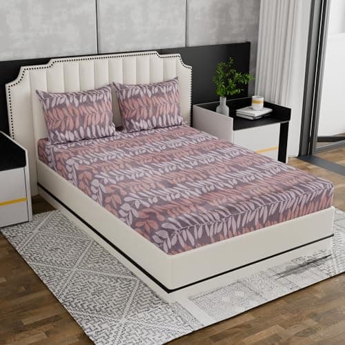 Nivasam Cotton Feel Glace Cotton Elastic Fitted Printed King Size Double Bed Bedsheet with 2 Pillow Cover(72"x78") 300-350 threadcount (Design3)