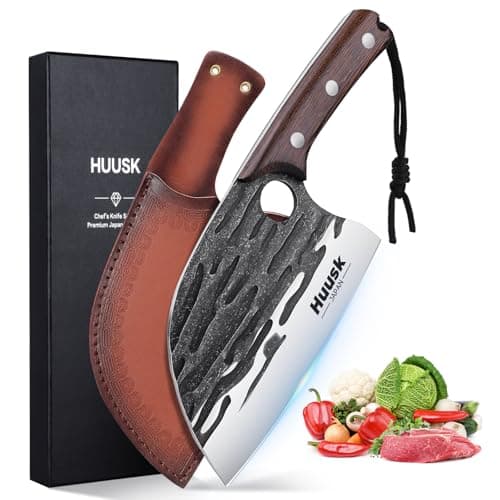 Huusk Upgraded Serbian Chef Knife-Japanese Meat Cleaver Knife for Meat Cutting Forged Butcher Knives with Sheath Full Tang Kitchen Chopping Knives for Home, Outdoor Cooking, Camping
