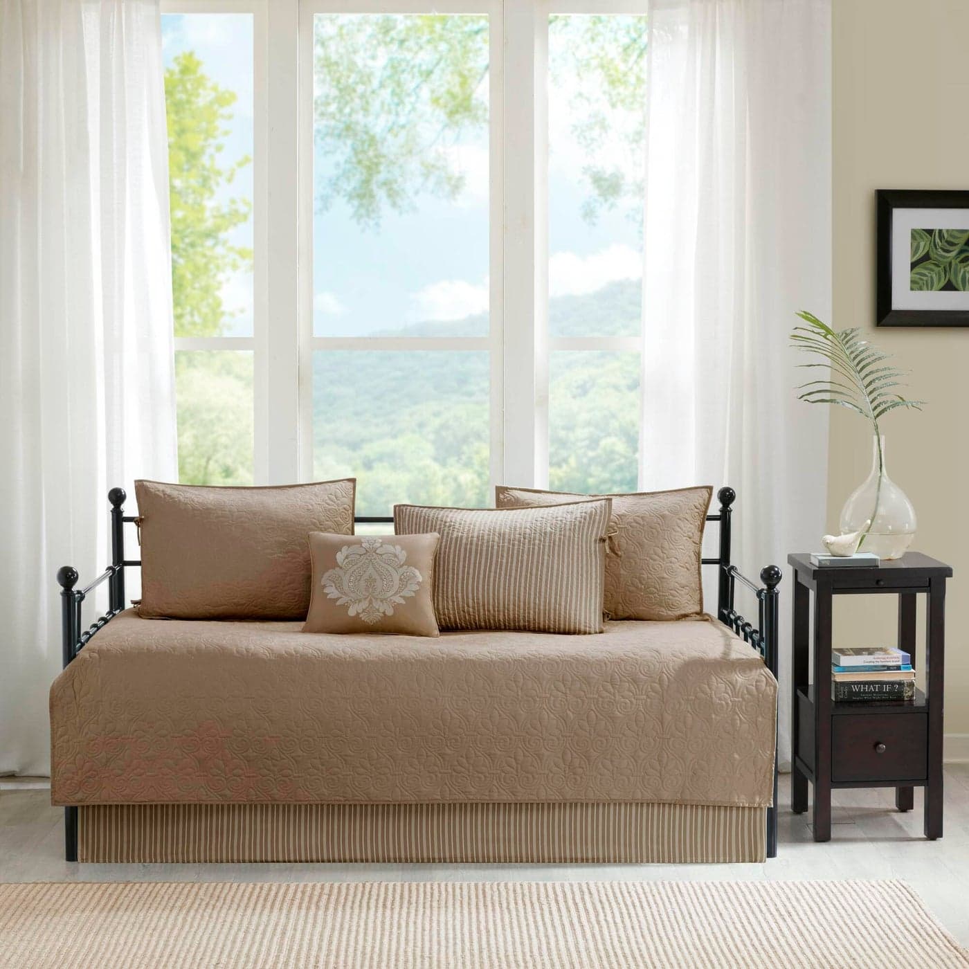 Madison Park Cotton Daybed Cover SetDouble Sided Quilting Classic Cottage Design All Season Bedding with Bedskirt Matching Shams Decorative Pillow 39x75 Quebec Khaki 6 Piece