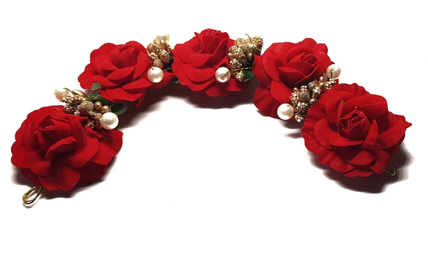 ANVIK Fancy Party Bridal Wedding Fabric/artificial Rose Flower Bun Juda Hair Gajra for Women Bride Floral Flower Hair Accessory for women Veni for hair (Red Colour)