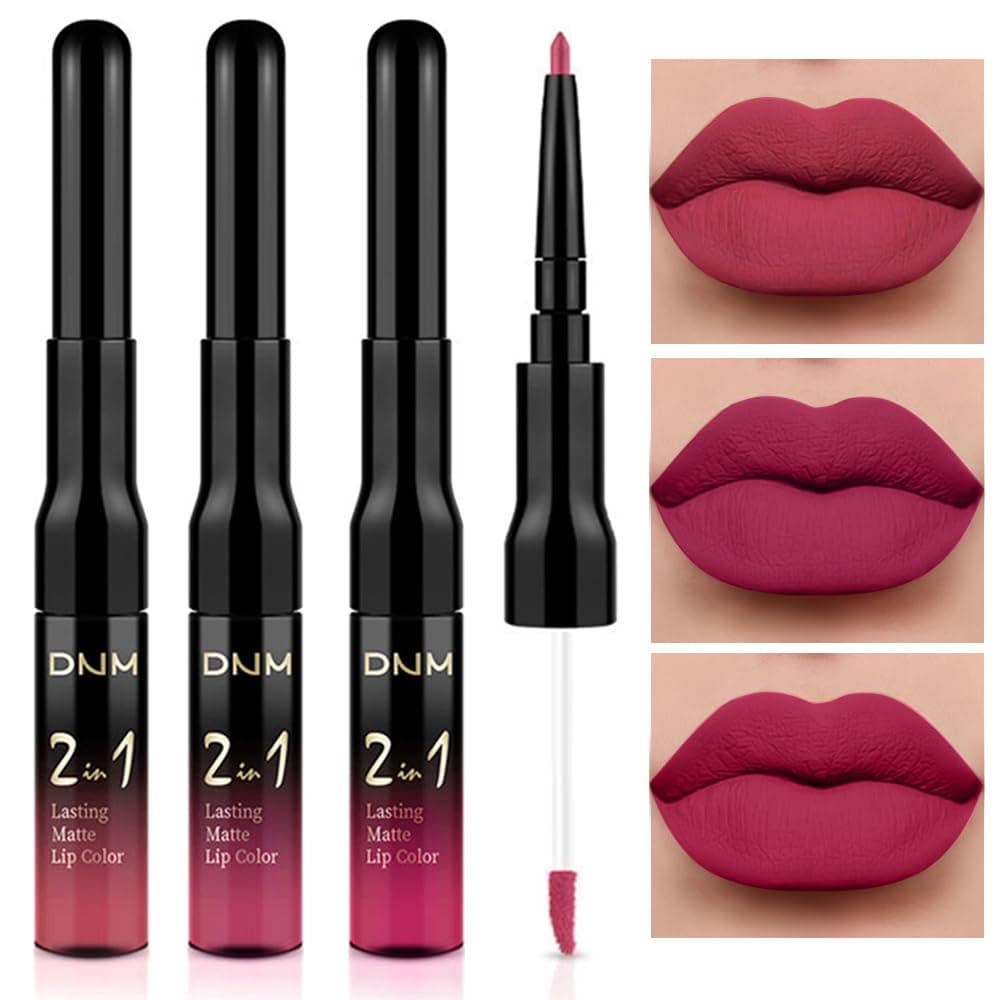evpct 3Pcs Mauve pink Berry pink Rose red Lip Stain Paint Matte Lip Liner and Lipstick Set Long Lasting labiales matte mate larga duracion listip 24 hour a prueba de agua mate 24 horas originales