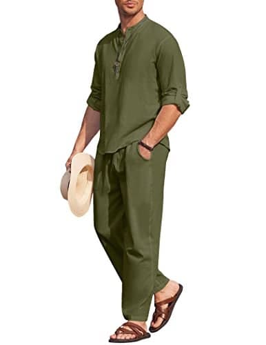 COOFANDY Mens 2 Pieces Cotton Linen Set Long Sleeve Henley Shirts Casual Beach Pants With Pockets Summer Yoga Outfits