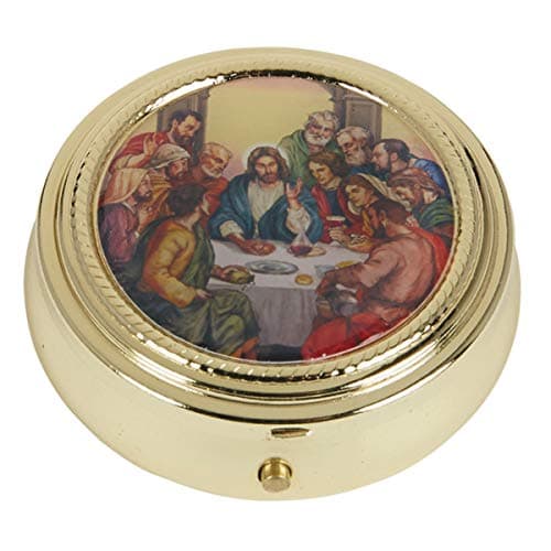Gold Tone PYX for The Eucharist with Epoxy Last Supper Lid, 2 1/4 Inch
