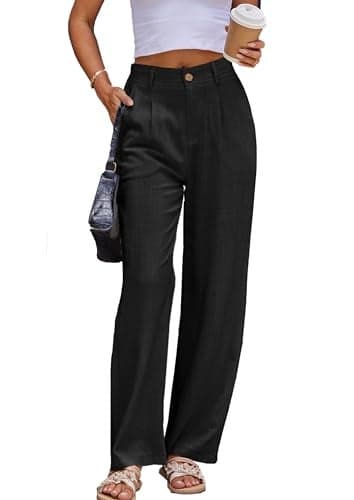 heipeiwa Women's Linen Casual High Waist Wide Leg Straight Dress Cotton Linen Pants Button Trousers