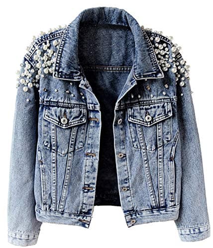 Kedera Women's Jean Jacket Embroidered Rivet Pearl Short Denim Jacket Coat