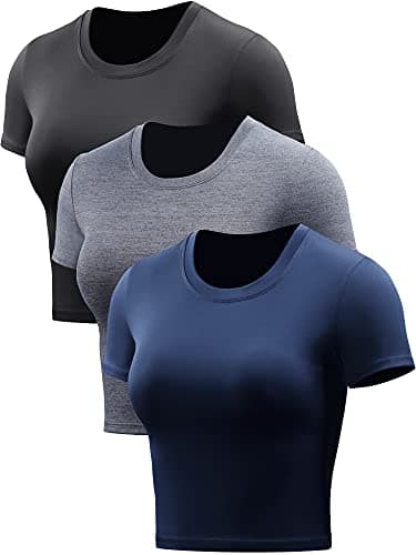 CADMUS Women's Dry Fit Crop Top Yoga Short Sleeve Shirts Crew Neck Athletic Running Tee 3 Pieces, Black, Grey, Navy Blue, Medium
