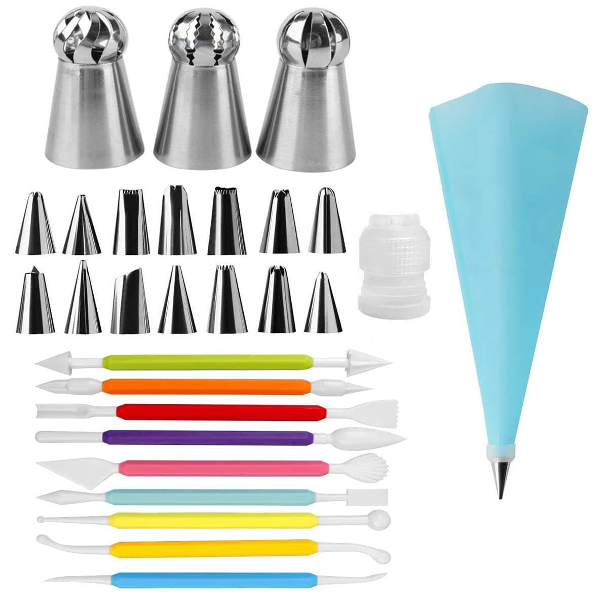 SB ANJALI SHALU BHAI Stainless Steel 3 Big Russian Nozzle 14 Regular Icing Nozzles Piping Set 1 Coupler 1 Piping Bag 8 Fondant Tools