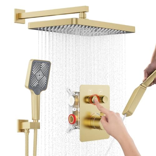Thermostatic Shower System 13Inch Rainfall Shower Head 3 Setting Handheld Sprayer Complete Bathroom Set with Faucet Mixer Trim Kit Valve Brushed Gold