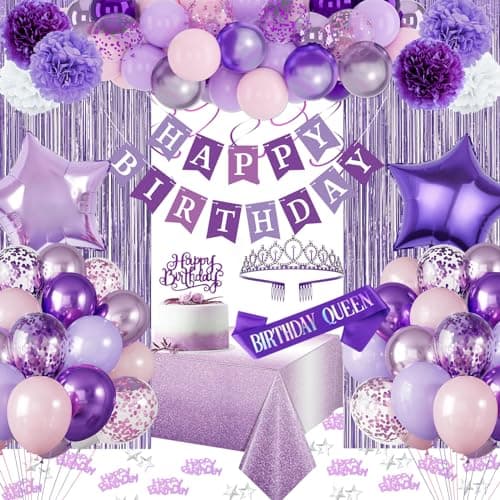Purple Birthday Decorations Purple Party Decorations with Balloons Happy Birthday Banner Bday Sash and Crown Tablecloth Fringe Curtain Paper Pom Poms for Women Girls Bday Decor