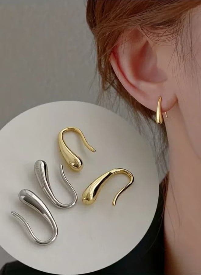 2 Pairs Of Women's Tear Drop Earrings, Fashionable And Cool Korean Version Ins Temperament Ear Hooks (Silver+Gold)