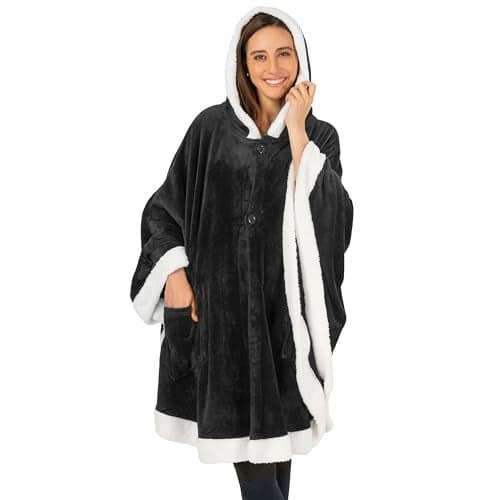 PAVILIA Hooded Blanket Poncho, Women Fleece Shawl Wrap with Hood, Wearable Blanket Cozy Warm Poncho Cape Throw with Pockets, Gift for Elderly Mom, Black