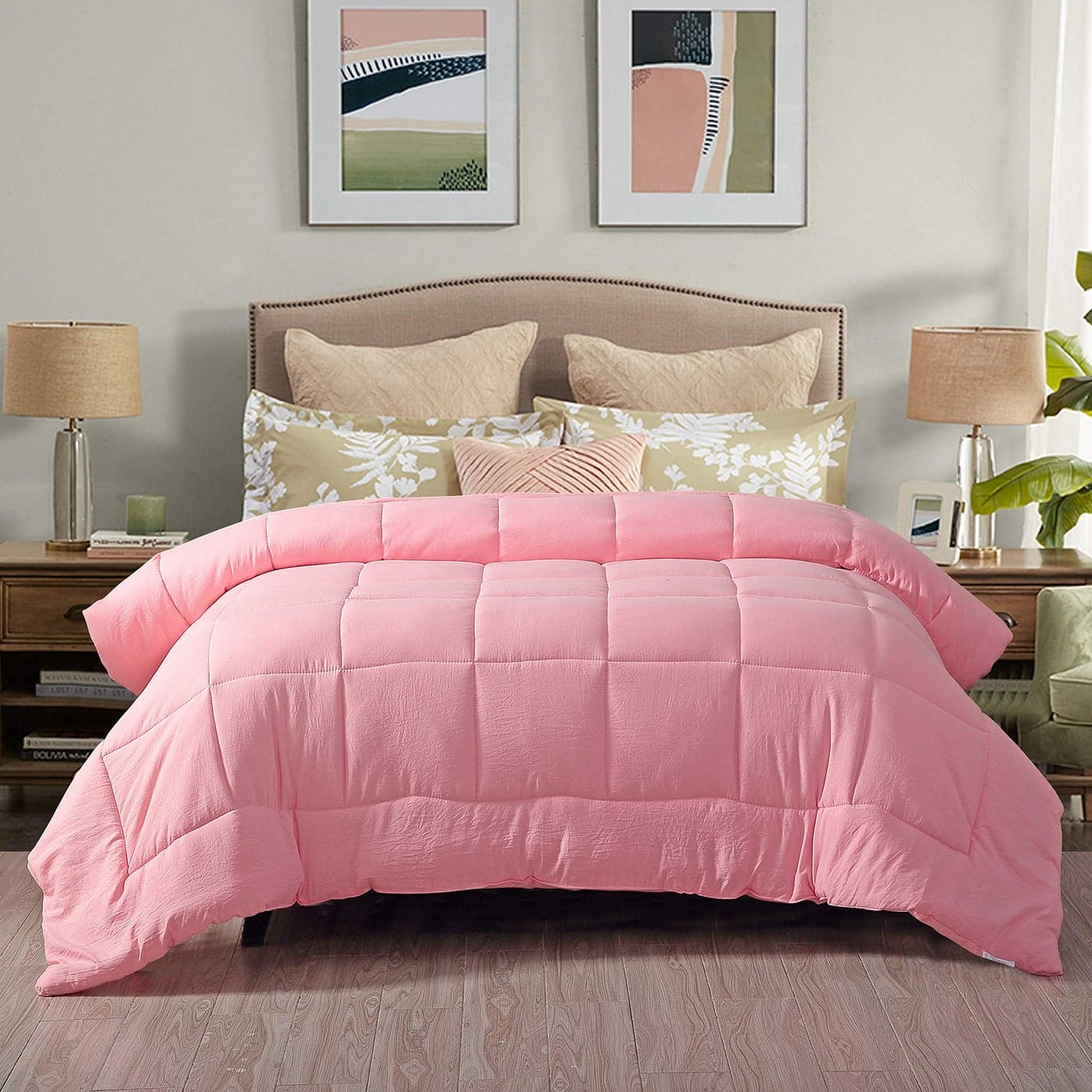 EVOLIVE All Season Pre Washed Soft Microfiber White Goose Down Alternative Comforter with Box Stitching Pink Twin