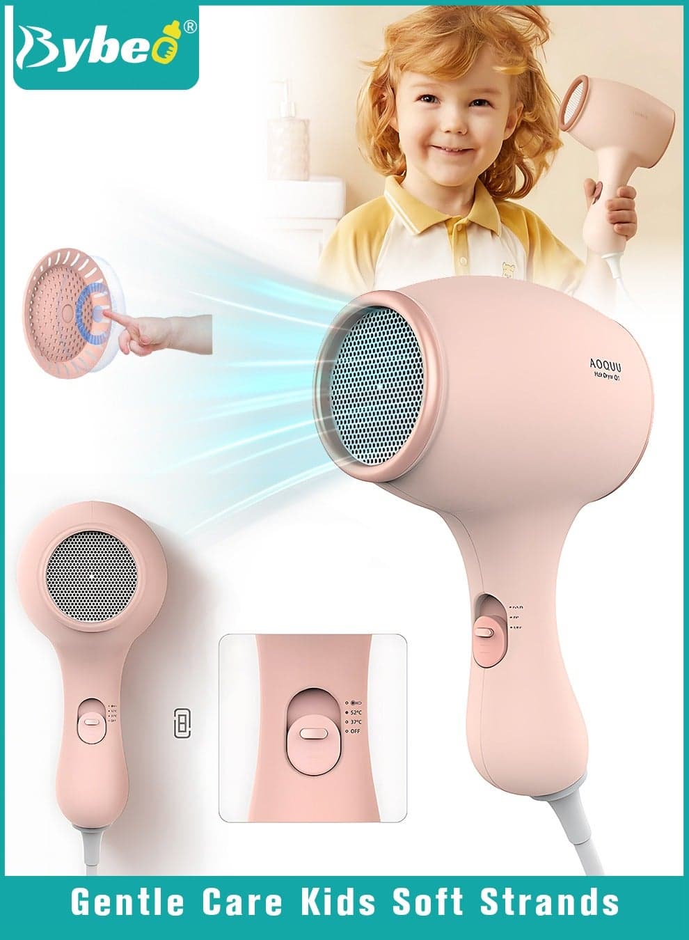 Kids Hair Dryer, Portable Mini Hair Blow Dryer for Toddlers, Low Noise Hair Dryer for Children with 3 Speed Settings, Gentle Heat for Kids Skin, 550 Watt, Lightweight, Anti-Scald Design, Pink