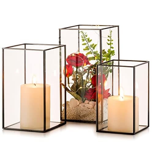 Nuptio Glass Hurricane Candle Holder for Pillar Candles 3 Pcs Black Metal Candle Holders Large Rectangular Candleholder Vase Centerpieces Decoration for Halloween Christmas Party 95 81 65 inch
