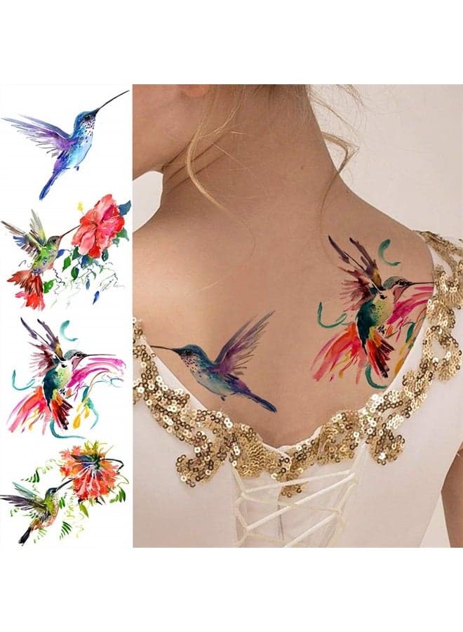 15 Sheets FANRUI 3D Watercolor Hummingbird Temporary Tattoos For Women Girl Small Multicolor Hummer Birds Tattoo Temporary Colorful Flower Fake Face Tatoo Kids Tiny Hands Waterproof Tatto Adult Tato