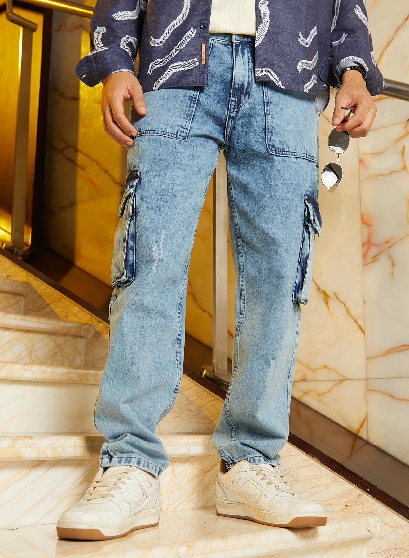 Men's Indigo Blue Acid-Wash Carpenter Denim Jeans