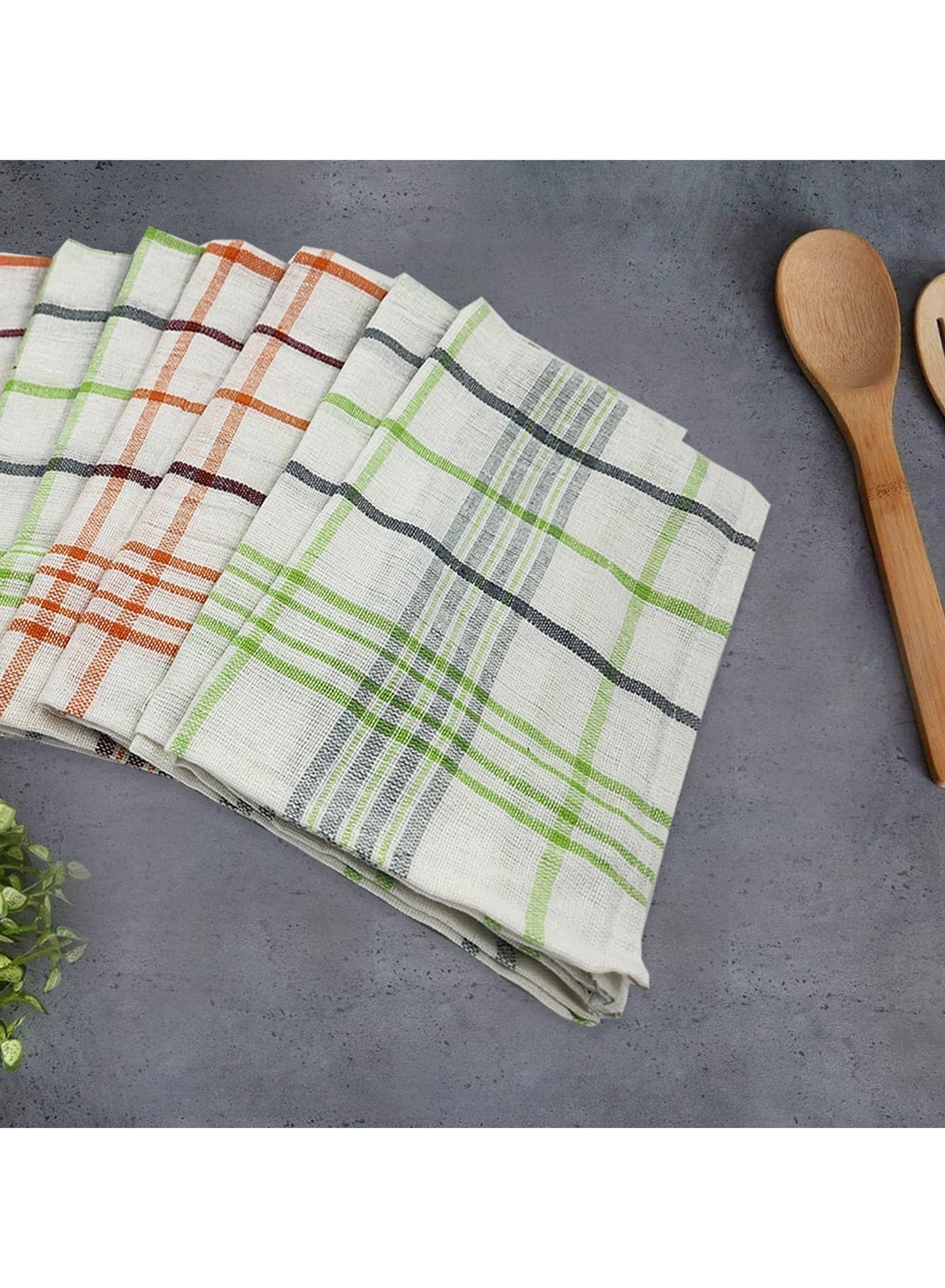 Orchard Green & Orange Multi Checks (50 x 70 Cm) Tea Towel-Set of 8